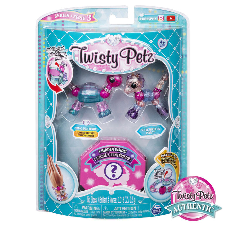 Twisty Petz, Series 3 3-Pack, Bling-Balm Turtle, Glitzerella Pony and Surprise Collectible Bracelet Set