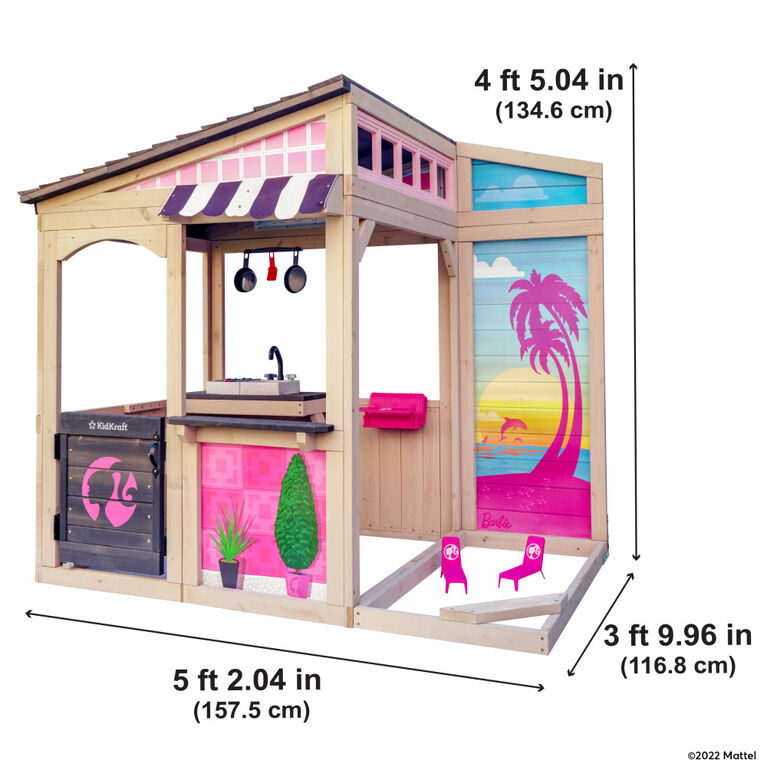 KidKraft Maisonnette d'extérieur Bord de mer en bois Barbie comprenant un ensemble de table et chaises fixable pour poupées