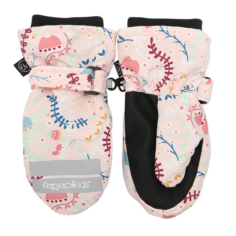 FlapJackKids - Toddler, Kids, Girls Water Repellent Ski Mittens - Ribbed Cuffs - Floral Pink - Medium 2-4 years