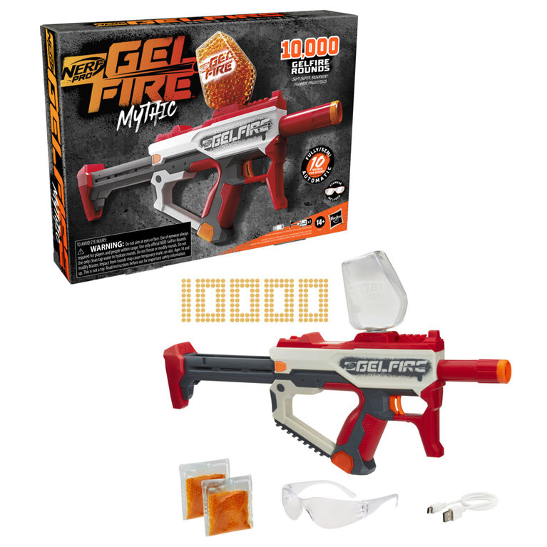 Nerf Pro Gelfire Mythic Full Auto Blaster and 10,000 Gelfire Rounds, 800 Round Hopper, Rechargeable Battery, Eyewear