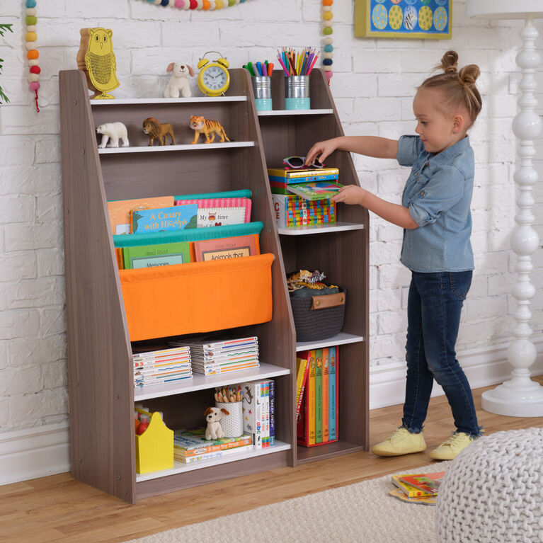 Bibliothèque en bois avec pochettes de rangement, meubles pour enfants - Gris cendré