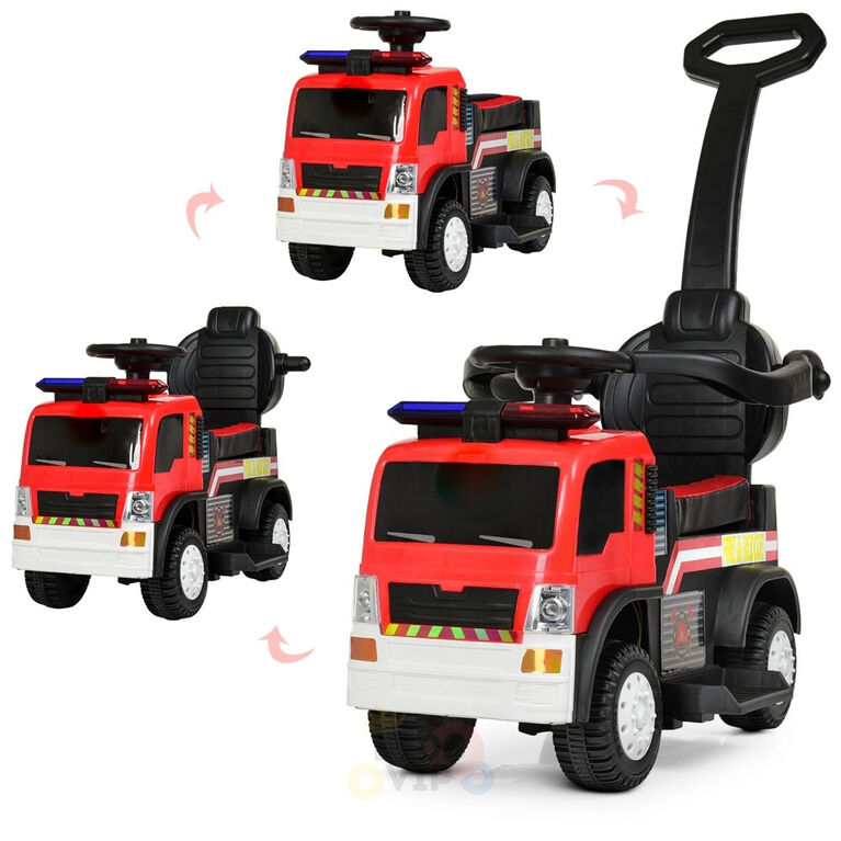 KidsVip 6V Kids and Toddlers Fire Truck Ride on Push Truck 3 in 1 w/Side Guards, Handle, Leather Seat - English Edition