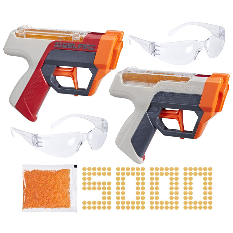 Nerf Pro Gelfire Dual Wield Pack, 2 blasters, tir sans amorçage, 5 000 billes Gelfire, 2 chargeurs-trémie 100 billes intégrés, 2 lunettes