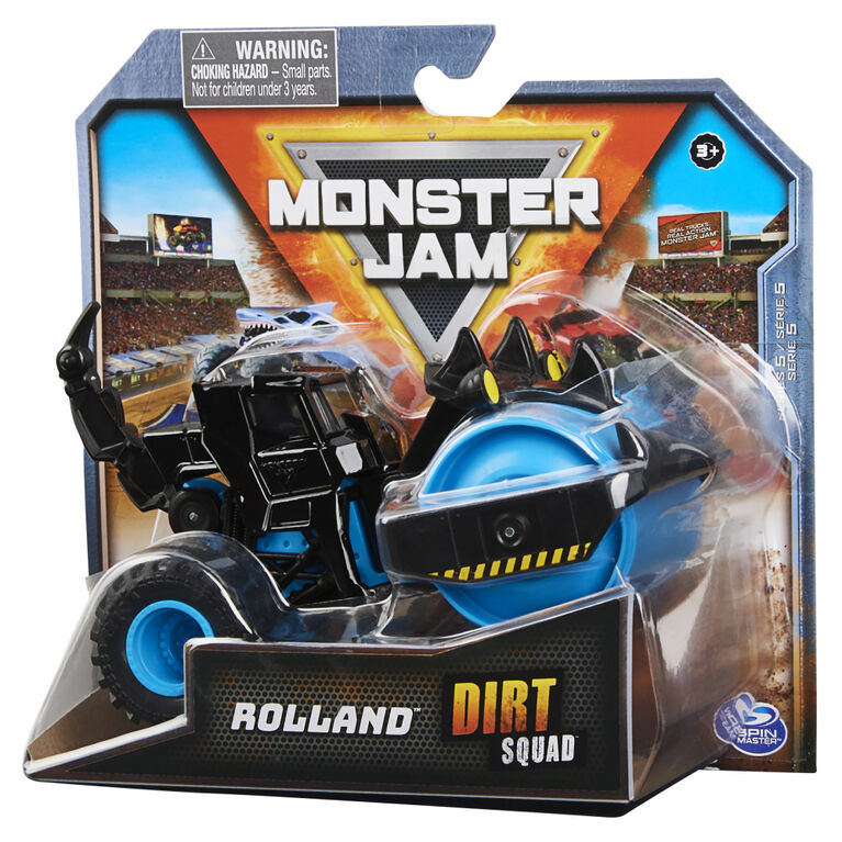 Monster Jam, Monster truck Rolland Dirt Squad Steamroller officiel avec pièces mobiles, véhicule en métal moulé à l'échelle 1:64