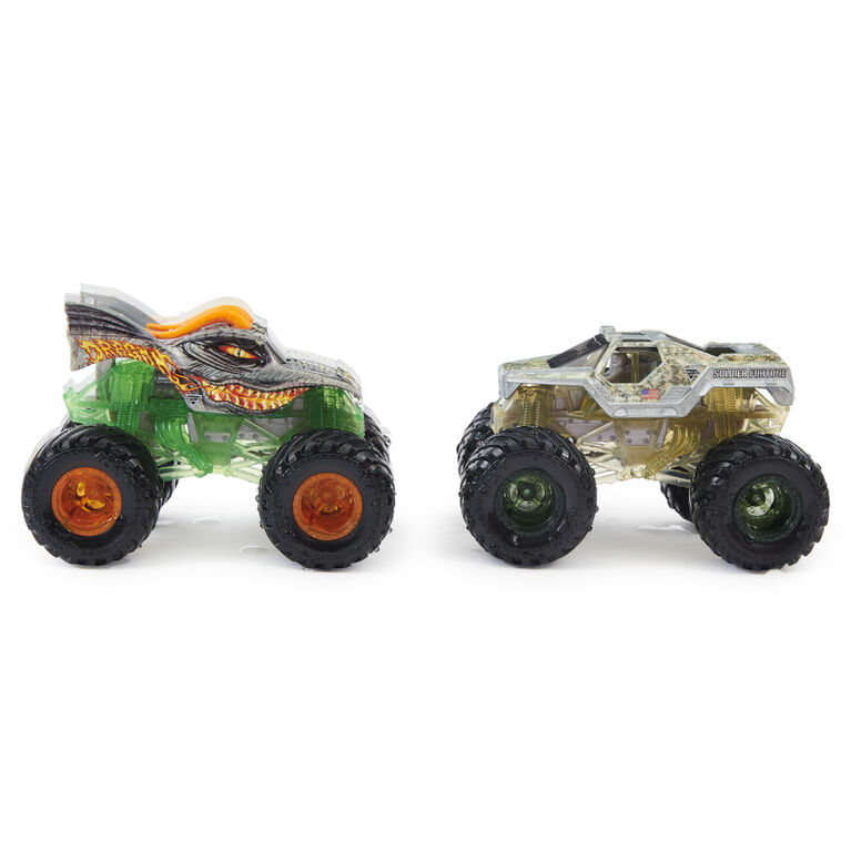Monster Jam, Official Dragon Vs. Soldier Fortune Color-Changing Die-Cast Monster Trucks, 1:64 Scale Monster Jam, Official Dragon Vs. Soldier Fortune Color-Changing Die-Cast Monster Trucks, 1:64 Scale