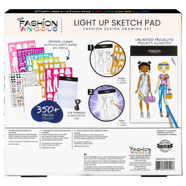 Fashion Angels Fashion Design Light Up Sketch Pad 12521 Light Up Tracing Pad  Includes USB Ultra Thin Tablet Includes Stencils and Stickers Recommended  for Ages 8 And Up