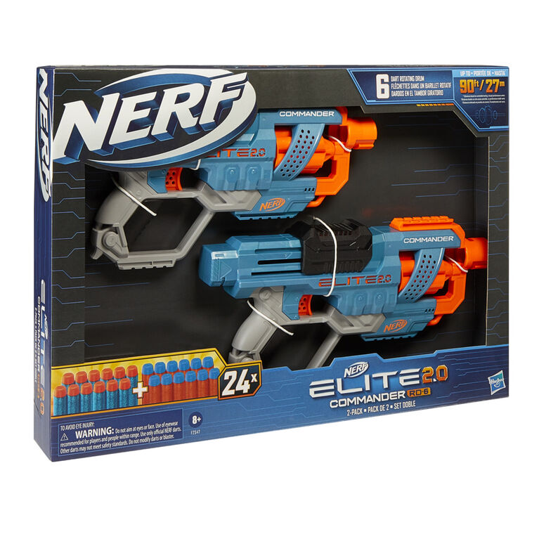 Nerf Elite 2.0 Commander RD-6 Blaster 2-Pack -- 2 Blasters, 24 Nerf Elite Darts -- 6-Dart Rotating Drum, Barrel and Stock Attachment Points - R Exclusive