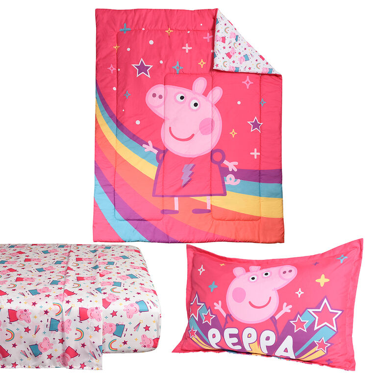 Peppa Pig 4 Piece Twin Bedding Set with Reversible Comforter, Fitted Sheet, Flat Sheet and Pillowcase by Nemcor