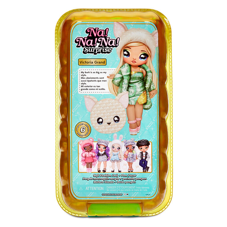 Na Na Na Surprise 2-in-1 Fashion Doll and Metallic Purse Glam Series - Victoria Grand, Blonde Doll in Green Dress and Dog Ear Hat with Chihuahua Purse