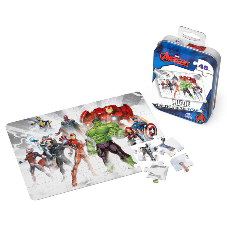 Marvel Avengers, 48-Piece Jigsaw Puzzle Captain America Iron Man Thor Hulk Black Panther Dr. Strange Thanos Tin Box