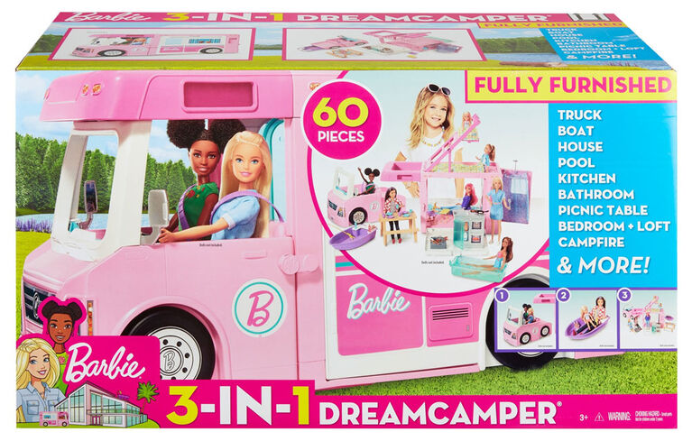 Véhicule Autocaravane de rêve 3 en 1 ​Barbie avec piscine, camionnette, bateau et 50 accessoires