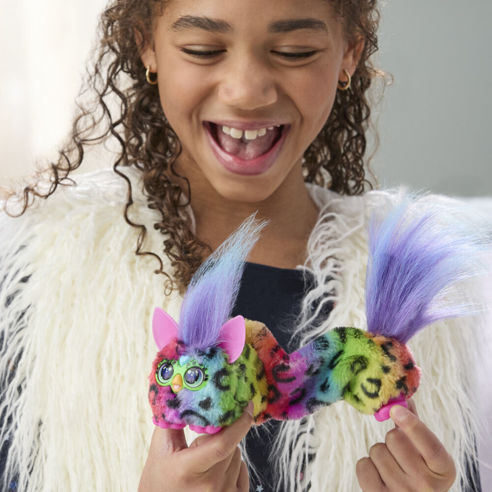 Furby DJ Furblets Rain-Bow-Kat Mini Electronic Plush Toy with Funny Stretchable Sound Effects & Music, Speaks Furbish, Multicolor