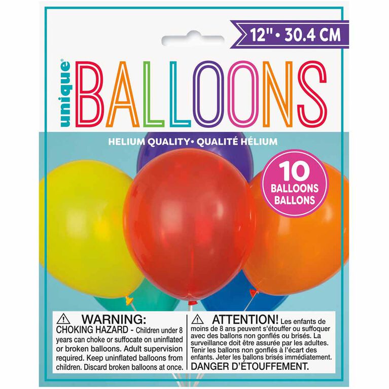 12" Latex Balloons, 10 pieces - Assorted Colours