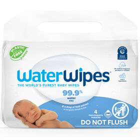 Lingettes pour b&eacute;b&eacute;s originales sans plastique WaterWipes, lingettes &agrave; base d&rsquo;eau &agrave; 99,9&nbsp;%, non parfum&eacute;es, sans fragrance et hypoallerg&eacute;niques pour les peaux sensibles, 240 unit&eacute;s (4 paquets), l&rsquo;emballage peut varier