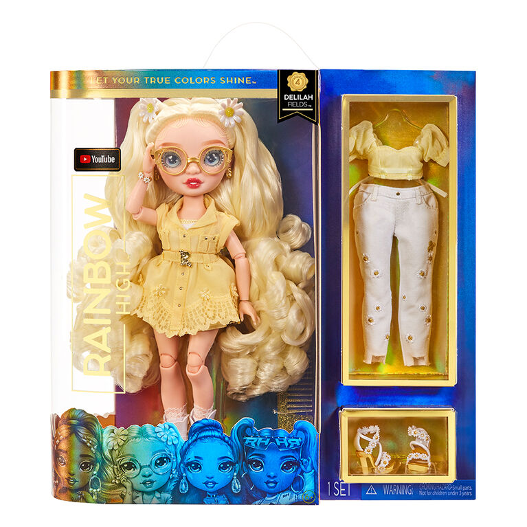 Rainbow High Delilah Fields - Poupée-mannequin jaune bouton d'or avec albinisme et lunettes