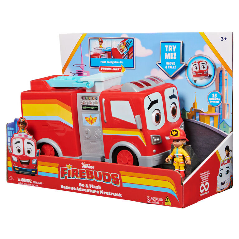 Disney Junior Firebuds, Bo and Flash Rescue Adventure Fire Truck with VROOMLINK, Lights, Sounds, Movements Kids Toys