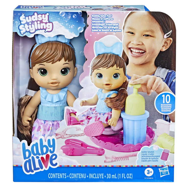 Baby Alive Sudsy Styling Doll, 12-Inch Toy, Brown Hair