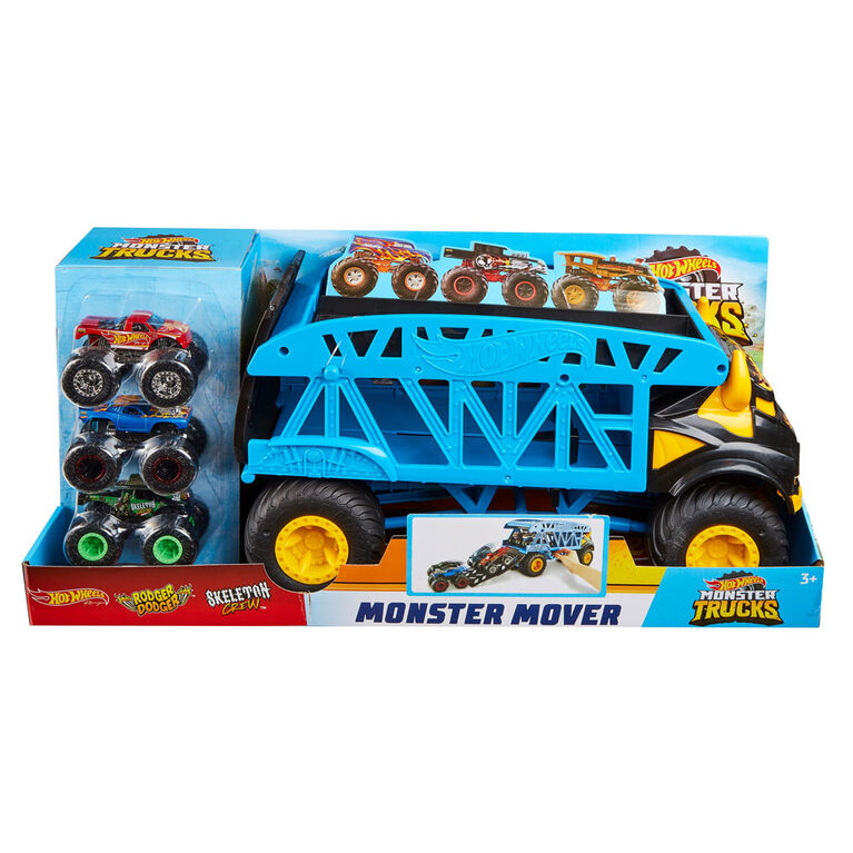 Hot Wheels - Monster Trucks - Véhicule Transporteur Monstre + 3 Camions - Notre exclusivité