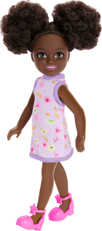 Barbie Chelsea Doll, Small Doll Wearing Removable Purple Floral Dress with Space Buns & Brown Eyes