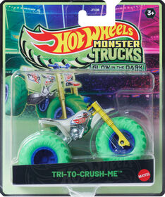 Véhicule Hot Wheels Monster Trucks Glows in the Dark Tri-To-Crush-Me