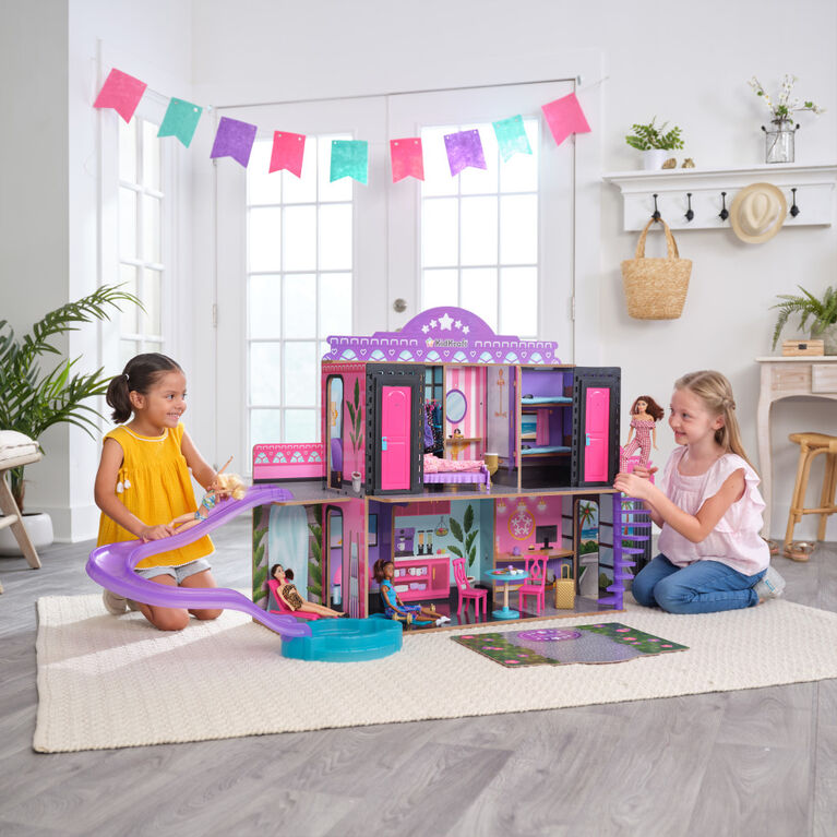 KidKraft 2-in-1 Wooden Hotel and Waterslide Dollhouse with 32 Accessories