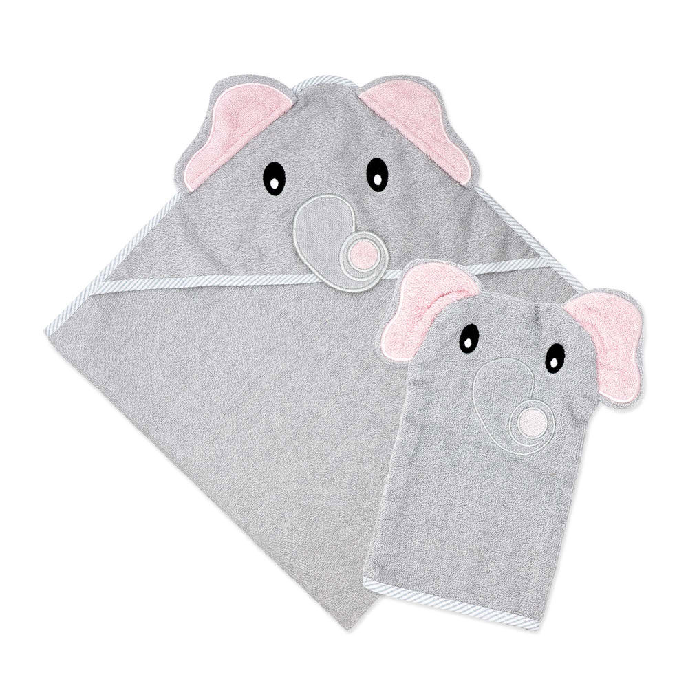 Baby Mode Signature Serviette à capuche et gant éléphant gris