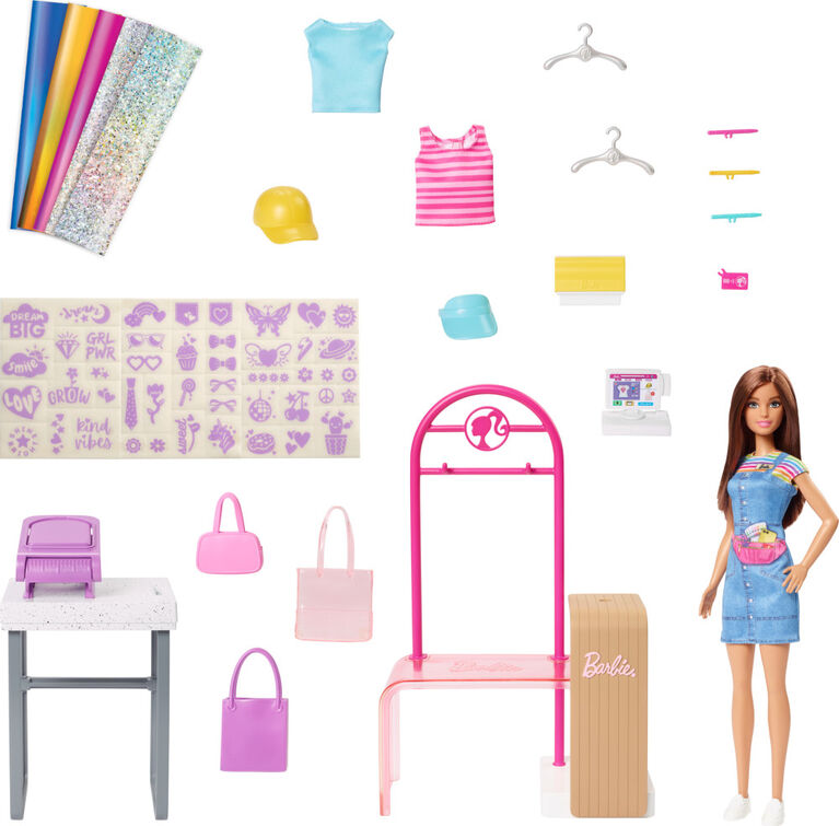 Barbie Make and Sell Boutique Playset with Brunette Doll, Foil Design Tools, Clothes and Accessories