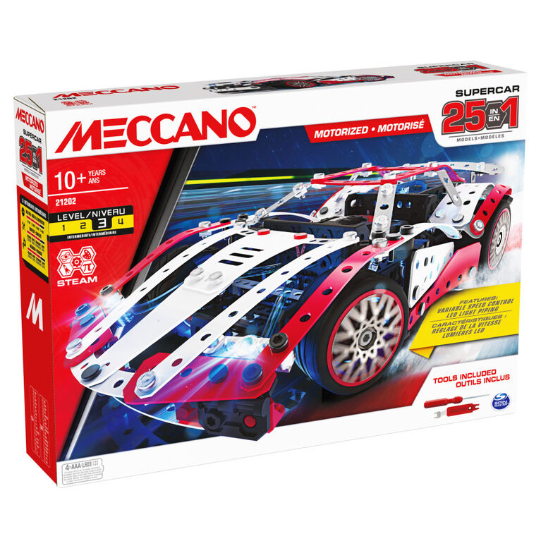 Meccano, Kit de construction STEM, Supercar motorisée 25 en 1 avec 347 pièces, vrais outils et feux avant fonctionnels