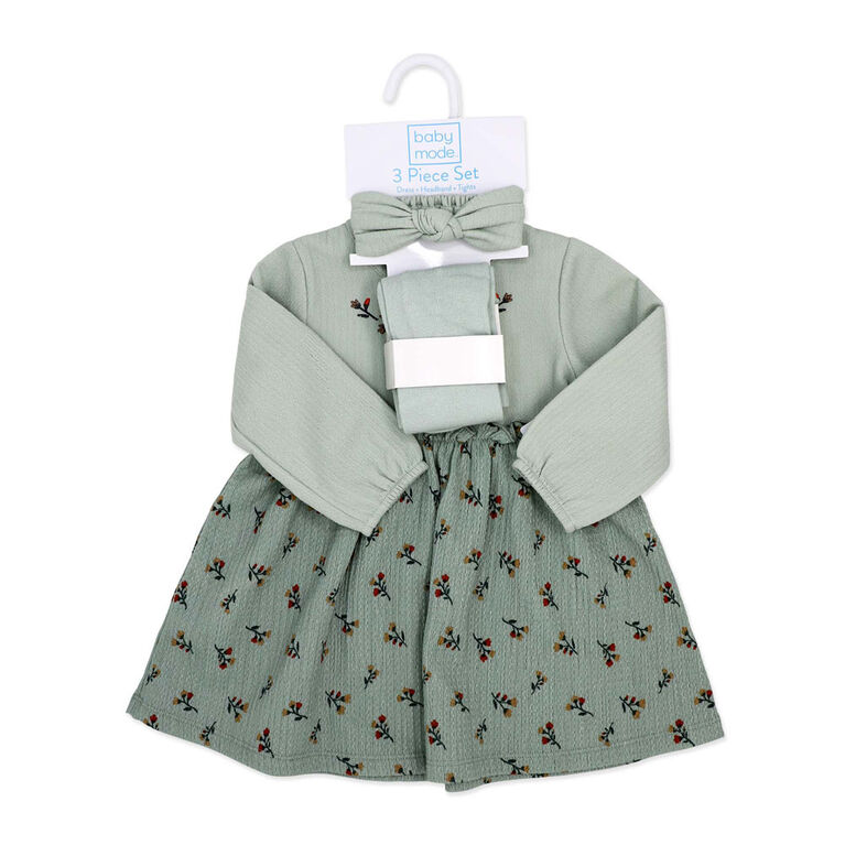 Baby Mode Ensemble 3 pièces en tricot froissé : motif floral vert, 0-3M
