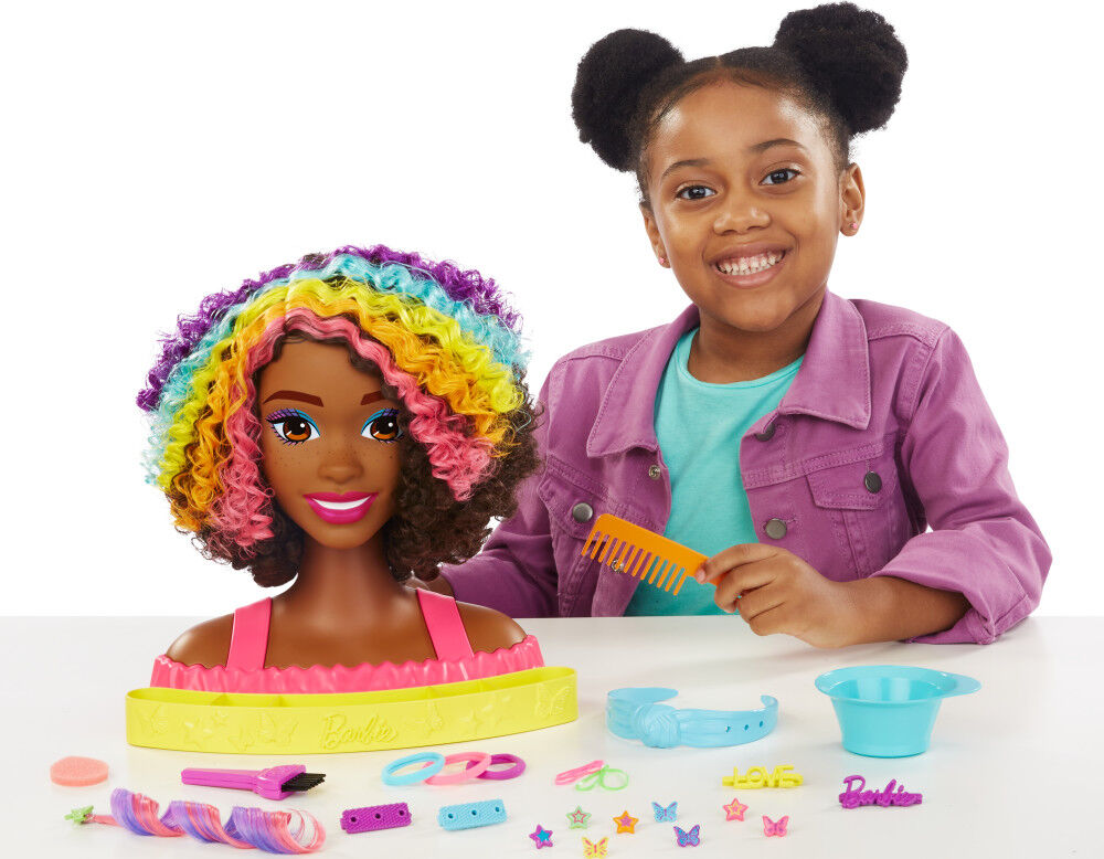 Barbie Deluxe Styling Head with Color Reveal Accessories and Curly Brown Rainbow Hair Toys R Us Canada