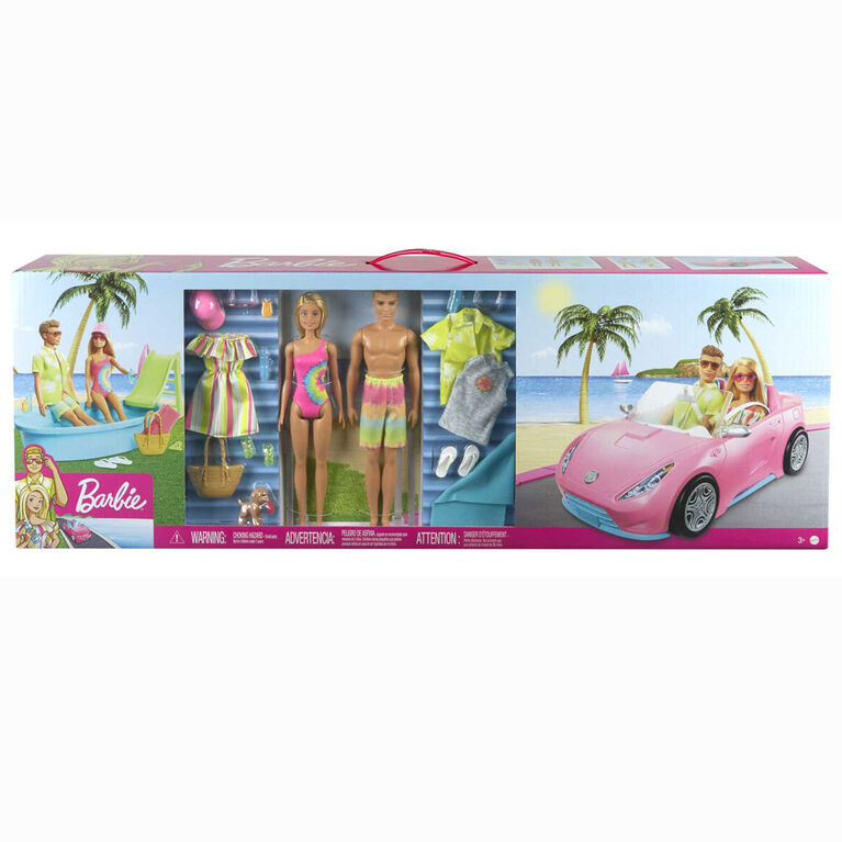 Barbie Gift Set with Convertible Car, Pool, Barbie Doll and Ken Doll in Swimwear