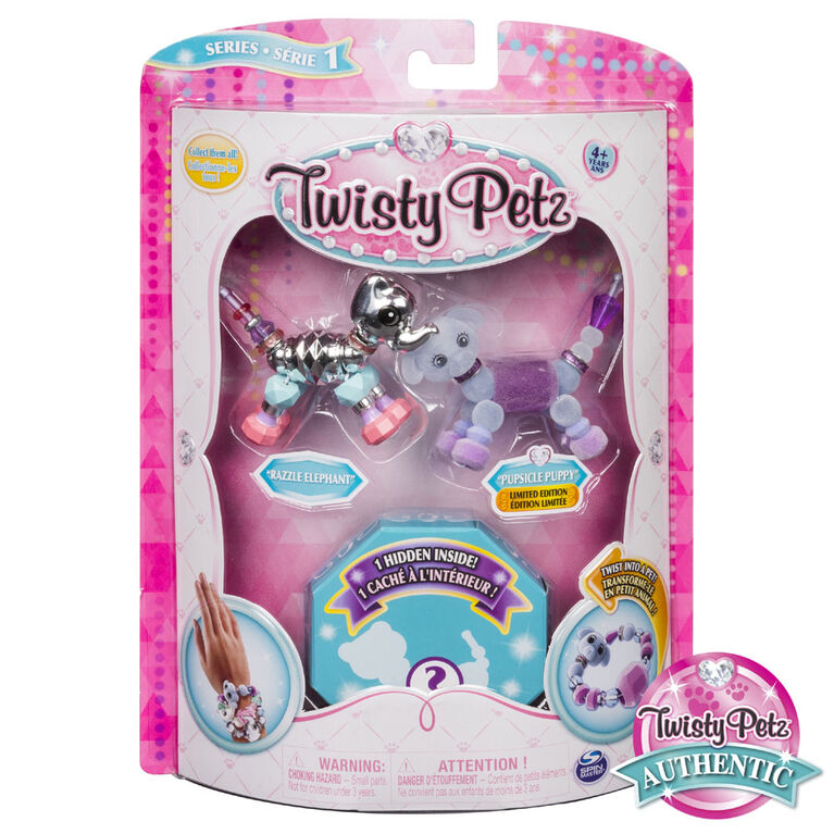 Twisty Petz - Pack de 3 - Bijoux pour enfants à collectionner Razzle Elephant, Cakepup Puppy et animal surprise