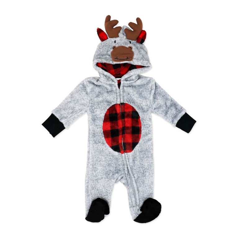 Baby Mode Hooded Flannel Fleece Pram: Grey Reindeer 9M
