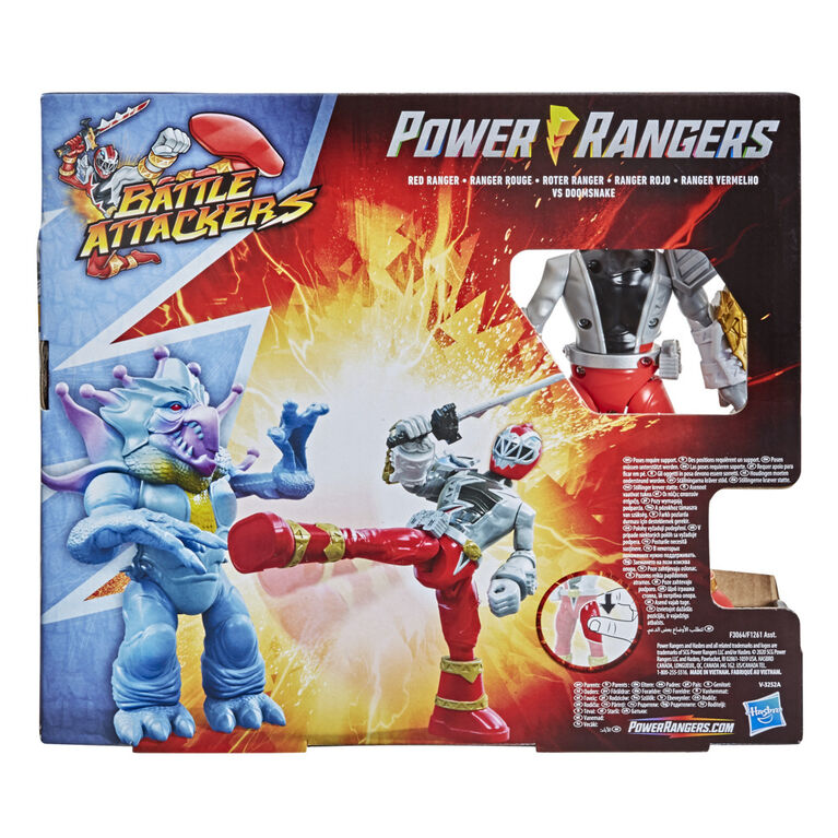 Power Rangers Dino Fury Battle Attackers, Red Ranger et Doomsnake, 2 figurines avec de coup de pied