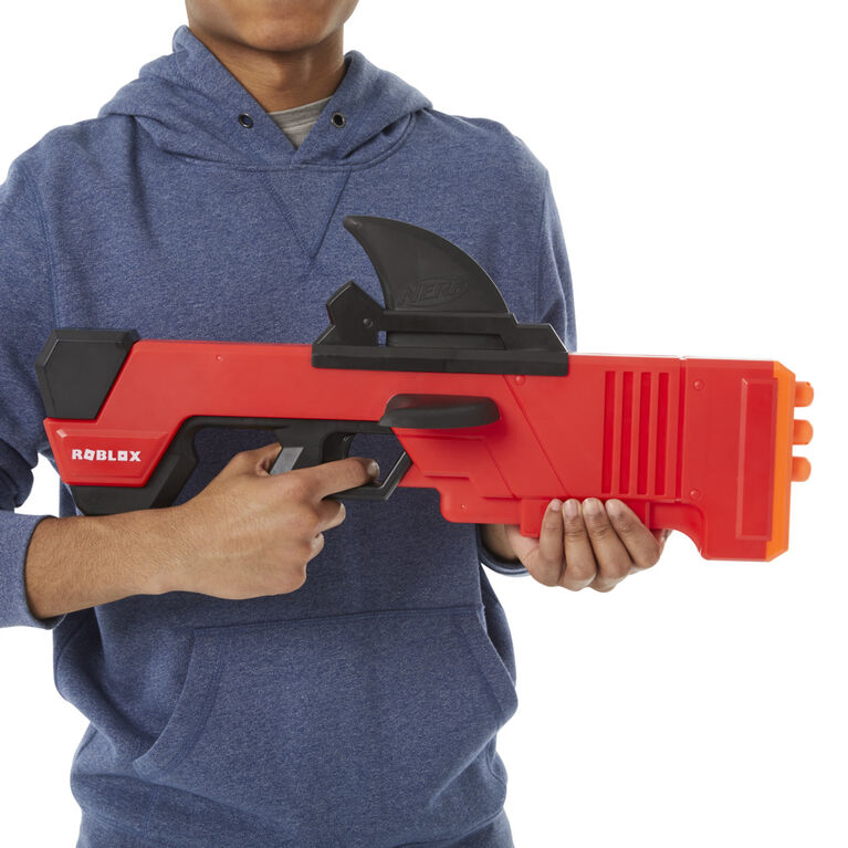 Nerf Roblox MM2, blaster à fléchettes Shark Seeker, amorçage par aileron, 3 fléchettes Nerf Mega