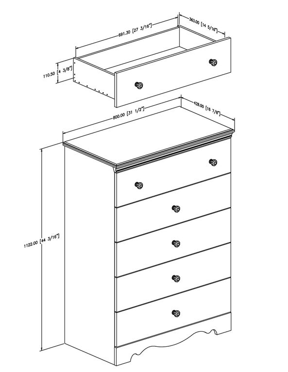 Crystal Commode 5 tiroirs- Blanc solide