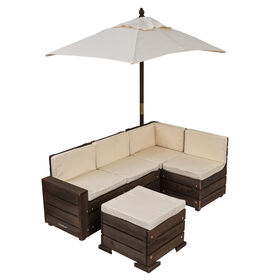KidKraft - Wooden Outdoor Sectional Ottoman and Umbrella Set with Cushions, Kids' Patio Furniture, Bear Brown and Beige