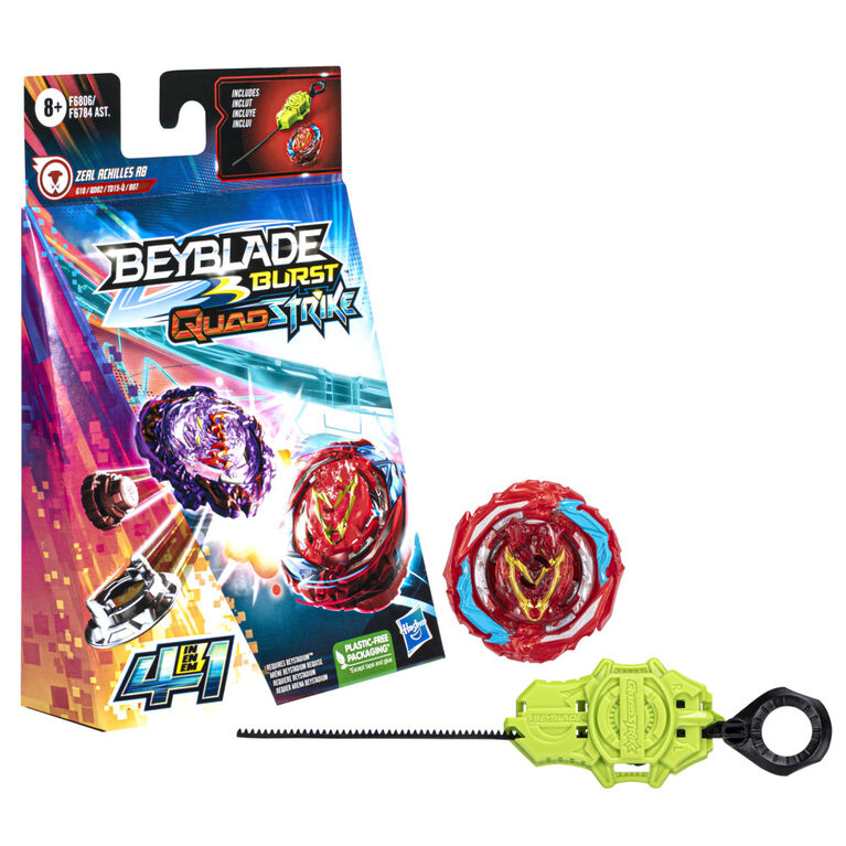 Beyblade Burst QuadStrike, Starter Pack avec toupie de compétition Zeal Achilles A8 type défense/équilibre et lanceur