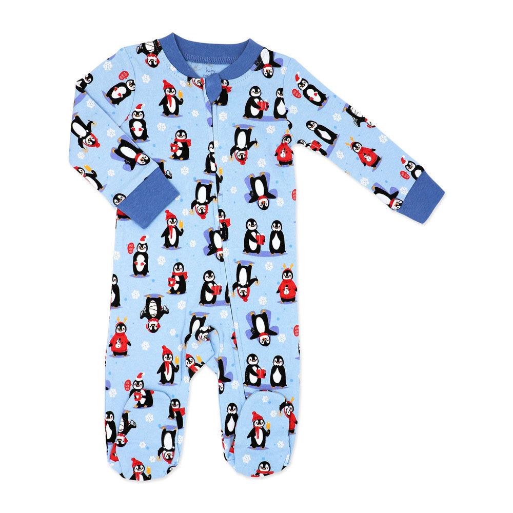 Baby Mode Zipped Cotton Christmas Sleeper: Blue Penguin 0-3M
