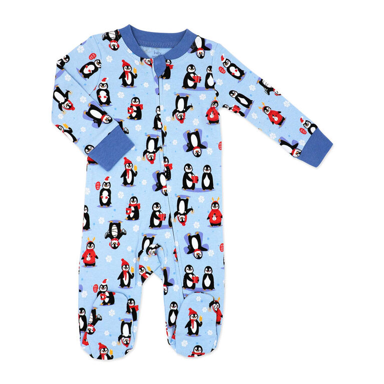 Baby Mode Grenouill&egrave;re de No&euml;l zipp&eacute;e en coton : Pingouin bleu 6-9M