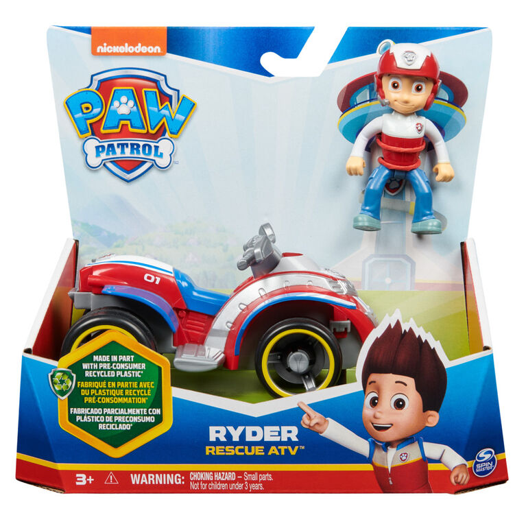 PAW Patrol, Ryder Rescue ATV, Véhicule avec figurine articulée à  collectionner, jouets respectueux de la planète