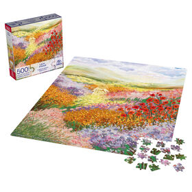 Puzzles Spin Master, Brise d'été, Puzzle de 500 pièces par l'artiste Laivi Põder représentant un paysage de fleurs, avec poster