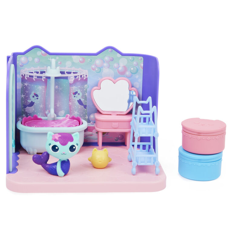 DreamWorks, Gabby's Dollhouse, Primp and Pamper Bathroom avec figurine MerCat, 3 accessoires, 3 meubles et 2 boîtes surprises