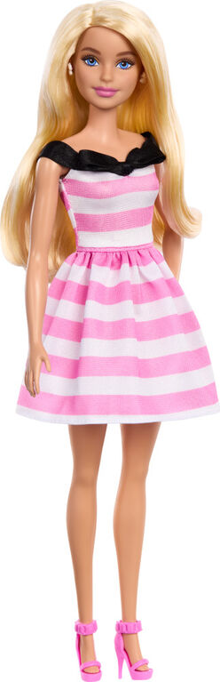 Barbie Poupée mode 65 eanniversaire Cheveux blonds, robe à rayures