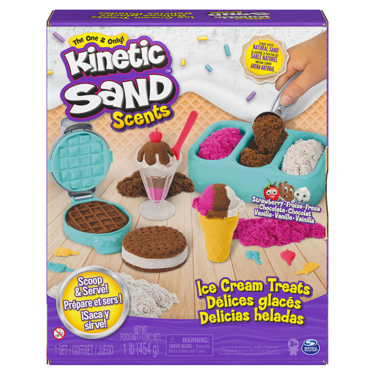 Kinetic Sand Scents, Ice Cream Treats Playset with 3 Colors of All-Natural Scented Sand and 6 Serving Tools