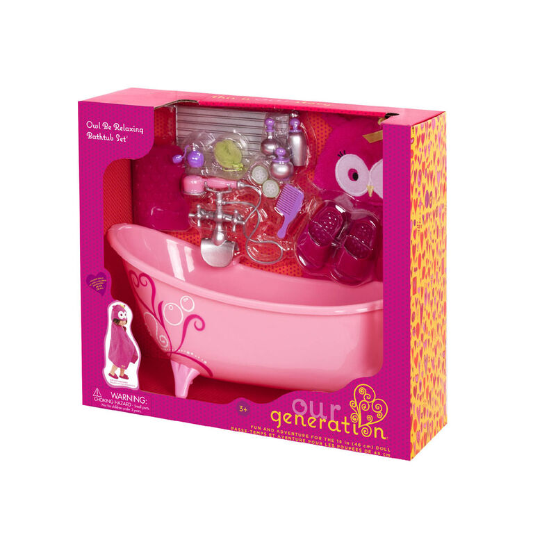 Owl Be Relaxing Bathtub, Our Generation, Ensemble de bain rose avec cape de  bain pour poupées de 18 po