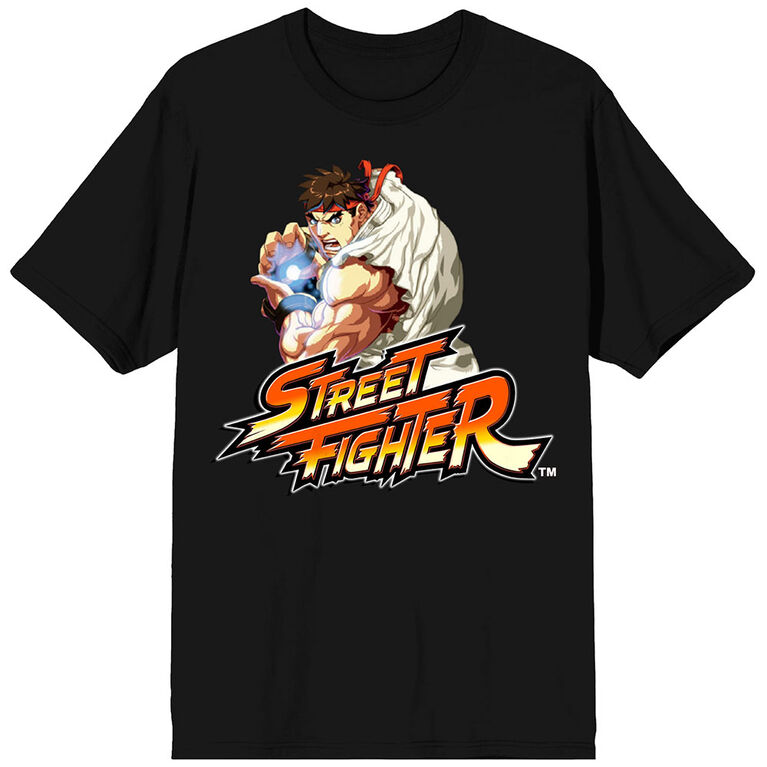 Street Fighter Retro Logo Ryu Hadoken Black T-shirt -Small