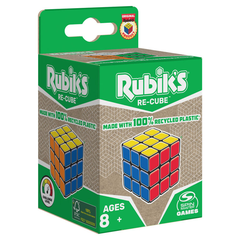 Rubik's Re-Cube, Le cube 3x3 original fabriqué avec 100 % de plastique recyclé, Puzzle 3D, Cube à manipuler, Jeu de voyage anti-stress