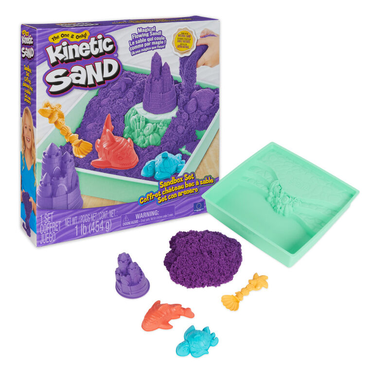 Kinetic Sand Sandbox Set, 1lb Purple Play Sand, Sandbox Storage, 4 Molds and Tools, Sensory Toys