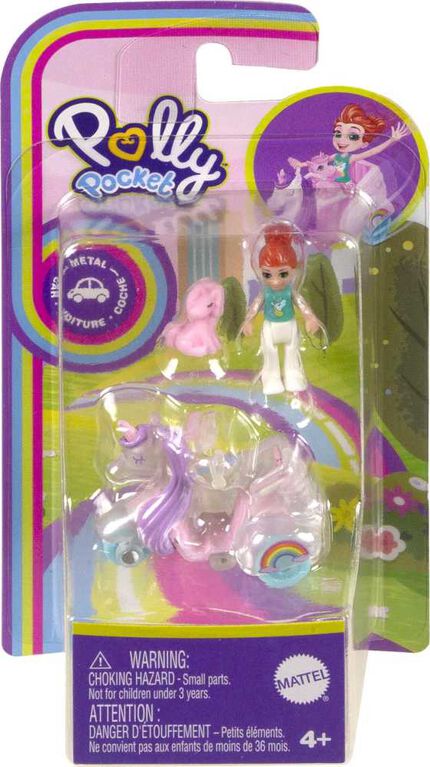 Polly Pocket Micro-poupée, véhicule à 3roues en métal, mini-licorne